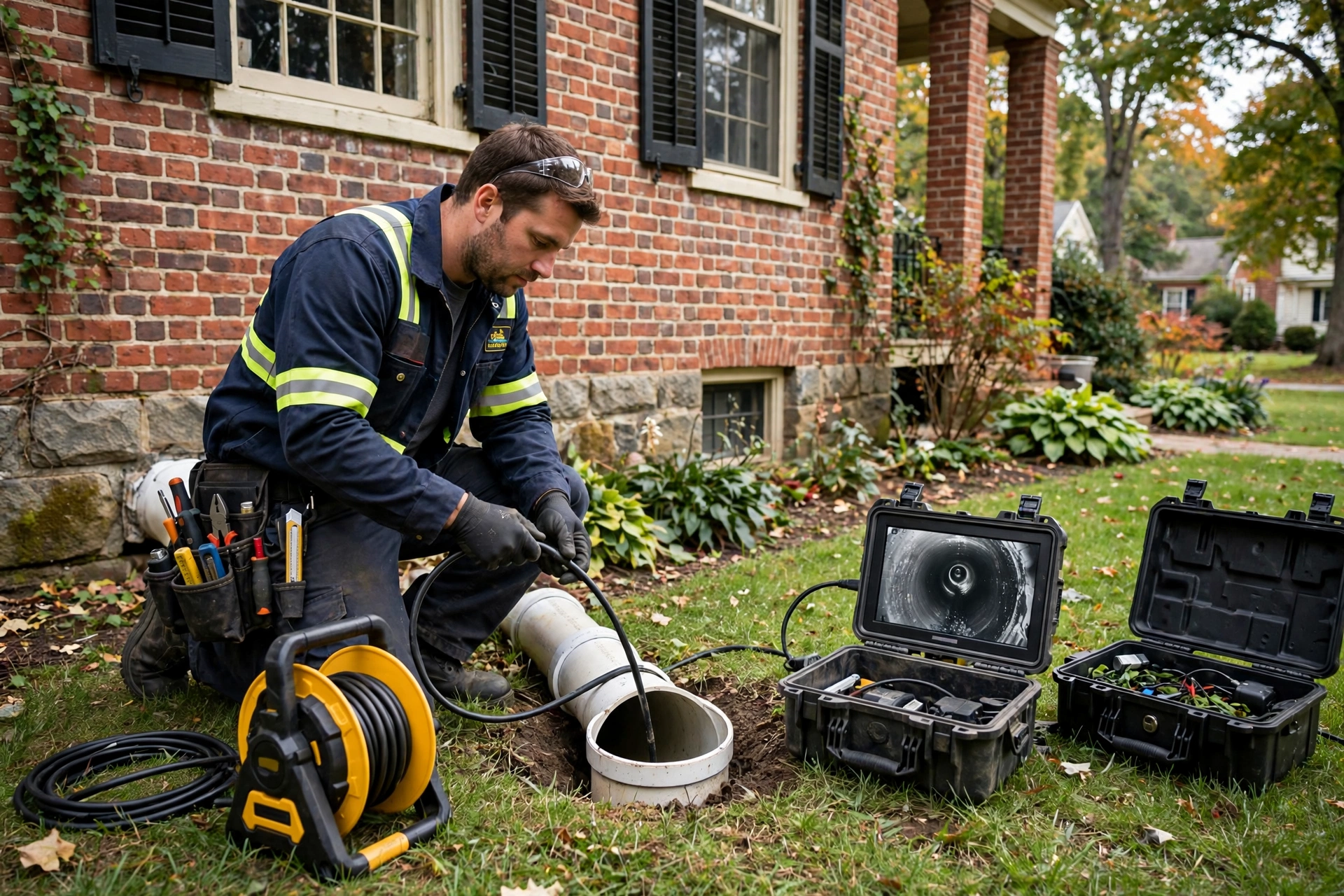 Technician performing sewer line inspection at a Lancaster, PA home